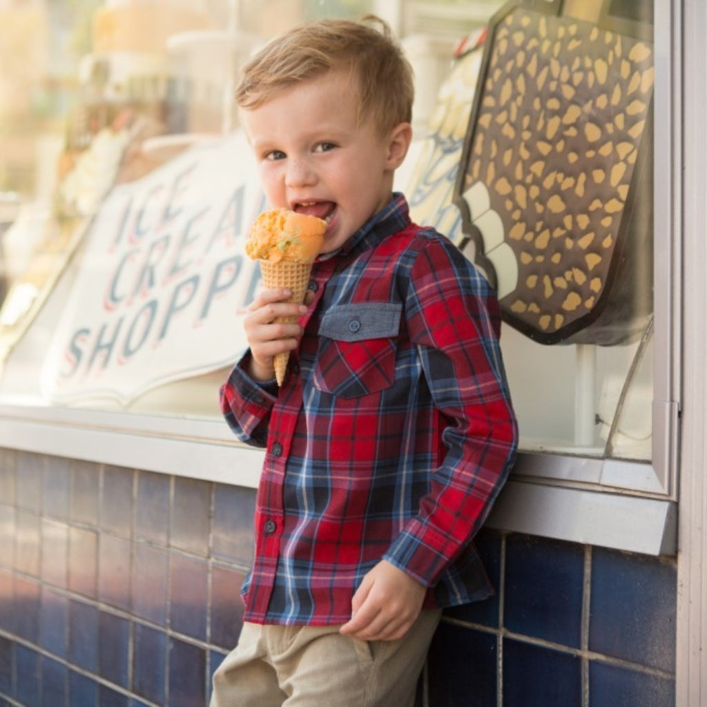 toddler boy long sleeve navy/red plaid shirt model