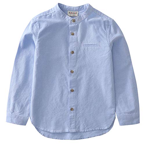 Momoland boy mandarin collar long sleeve blue oxford shirt front