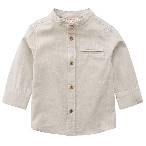 Momoland boy mandarin collar long sleeve light khaki fake linen woven shirt front