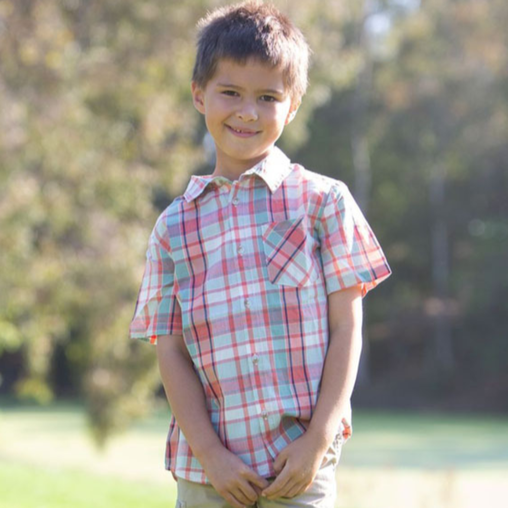 boy short sleeve orange/green plaid shirt model