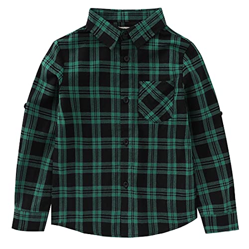 boy short sleeve green/black plaid poplin shirt front