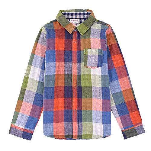 Momoland boy long sleeve green/orange plaid shirt front