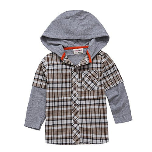 Momoland boy long sleeve brown plaid shirt with hooded shirrt front