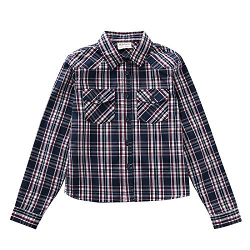 Momoland big girl long sleeve white/navy plaid shirt front