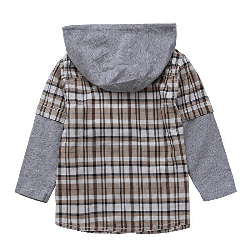 Momoland boy long sleeve brown plaid shirt with hooded shirrt back