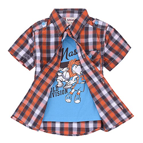 Boy Short Sleeve orange/black Plaid Shirt with Fake Tee front