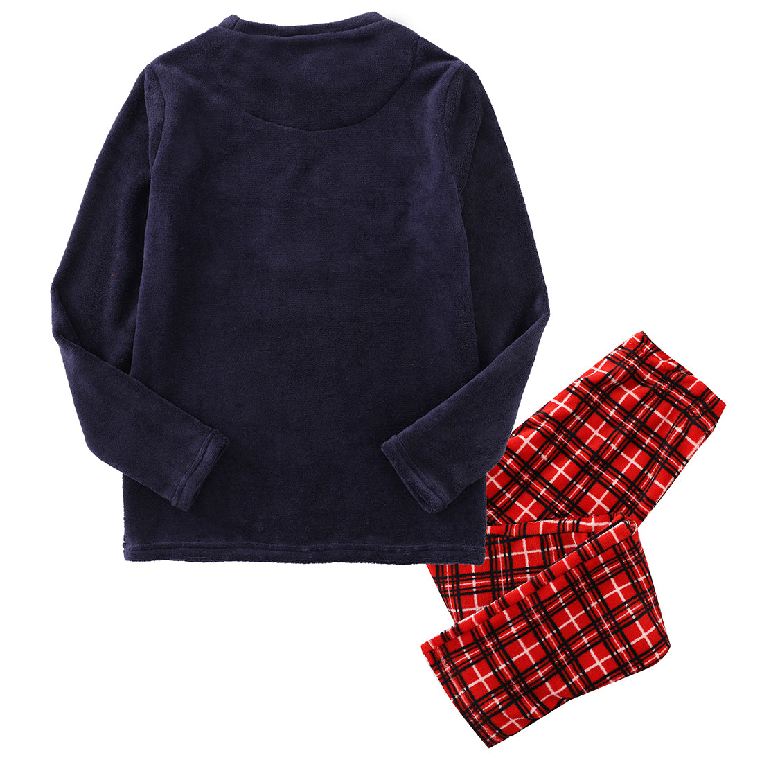 women long sleeve coral fleece christmas navy/checked pajamas back