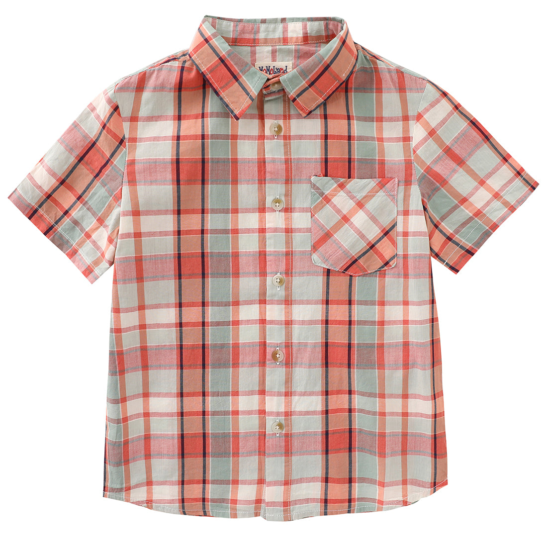 boy short sleeve orange/green plaid shirt front