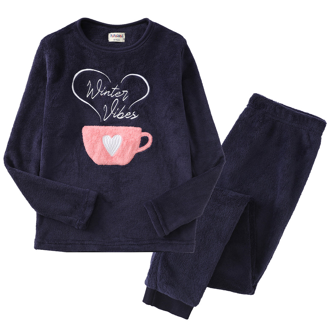 Big Girl Long Sleeve Coral Fleece Christmas Navy With Cup Heart Pajamas Set