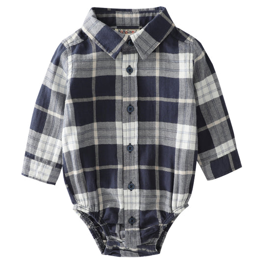 Momoland baby boy long sleeve navy/white plaid woven bodysuit front