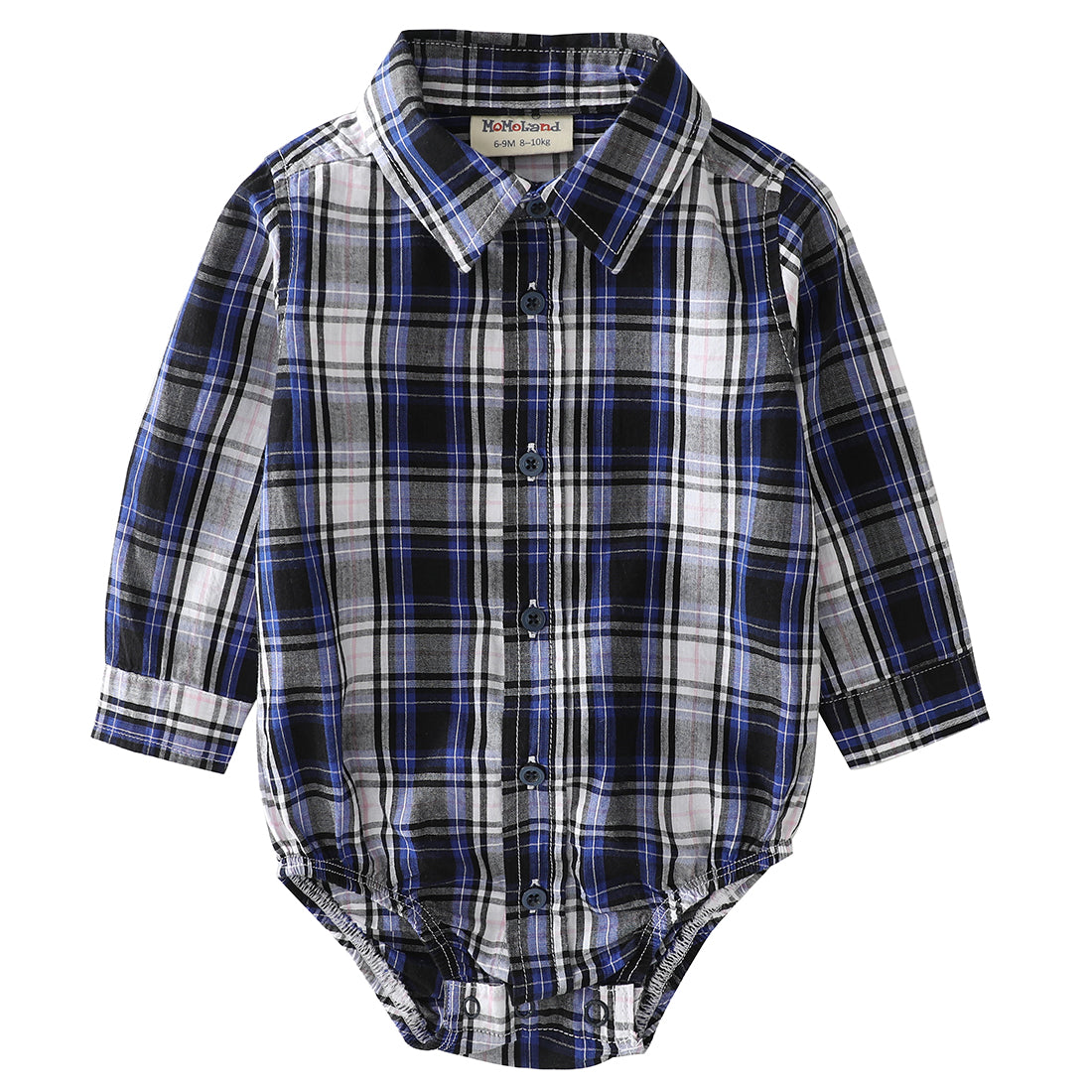 Momoland baby boy long sleeve navy/white/blue plaid woven bodysuit front
