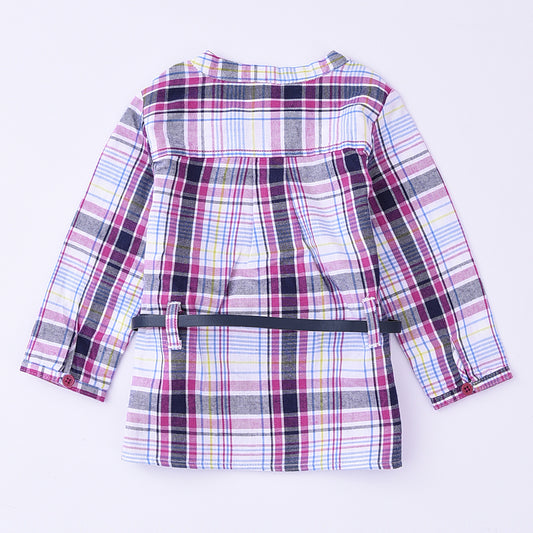 Momoland baby girl long sleeve white/navy plaid woven shirt back