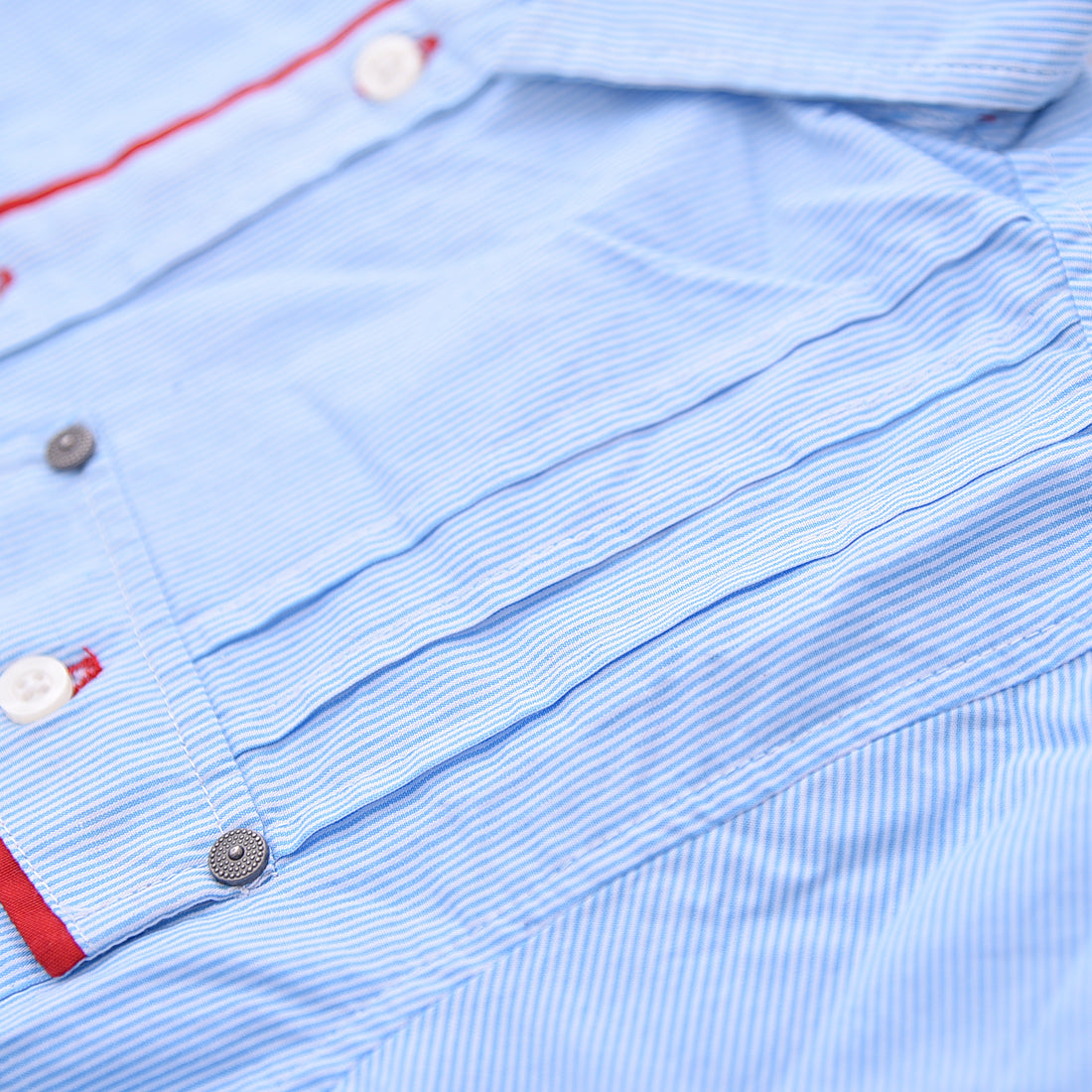 Boy Long Sleeve Blue Stripes With Red Piping Shirt