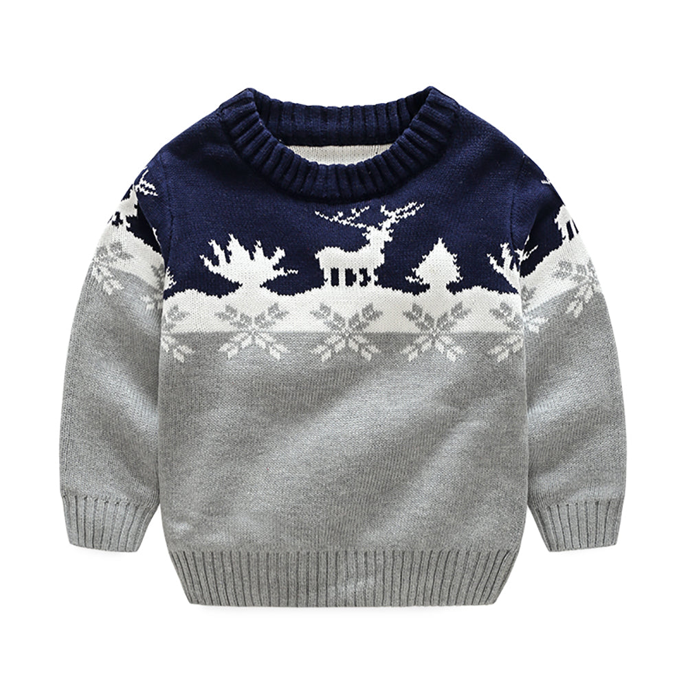 toddler boy long sleeve grey/navy christmas reindeer sweater front