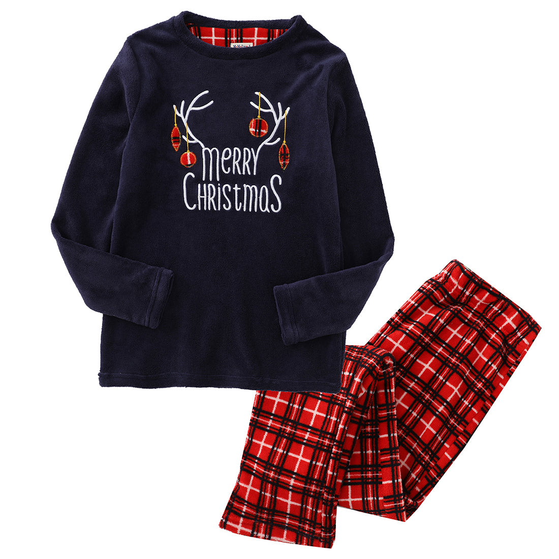 women long sleeve coral fleece christmas navy/checked pajamas front