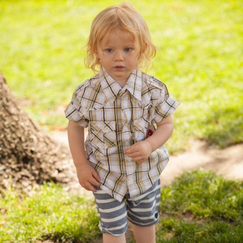 Momoland baby boy short sleeve yellow/white plaid woven shirt model