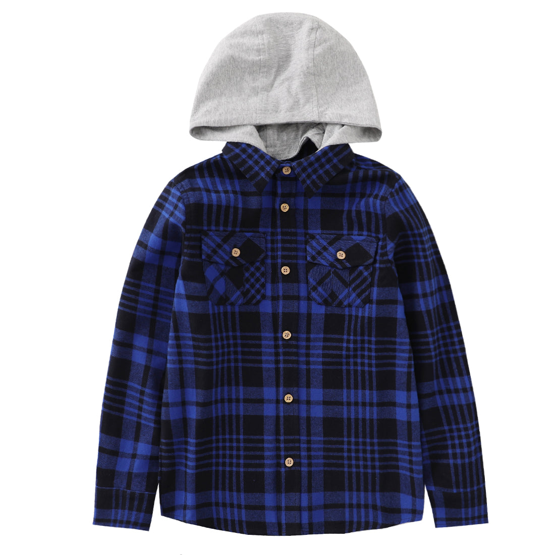momoland boy long sleeve blue/black flannel plaid shirt with hooded front