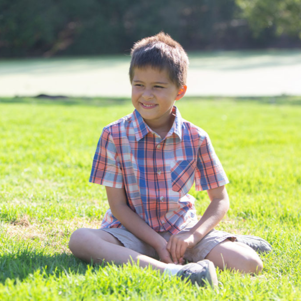 boy short sleeve orange/blue plaid shirt model