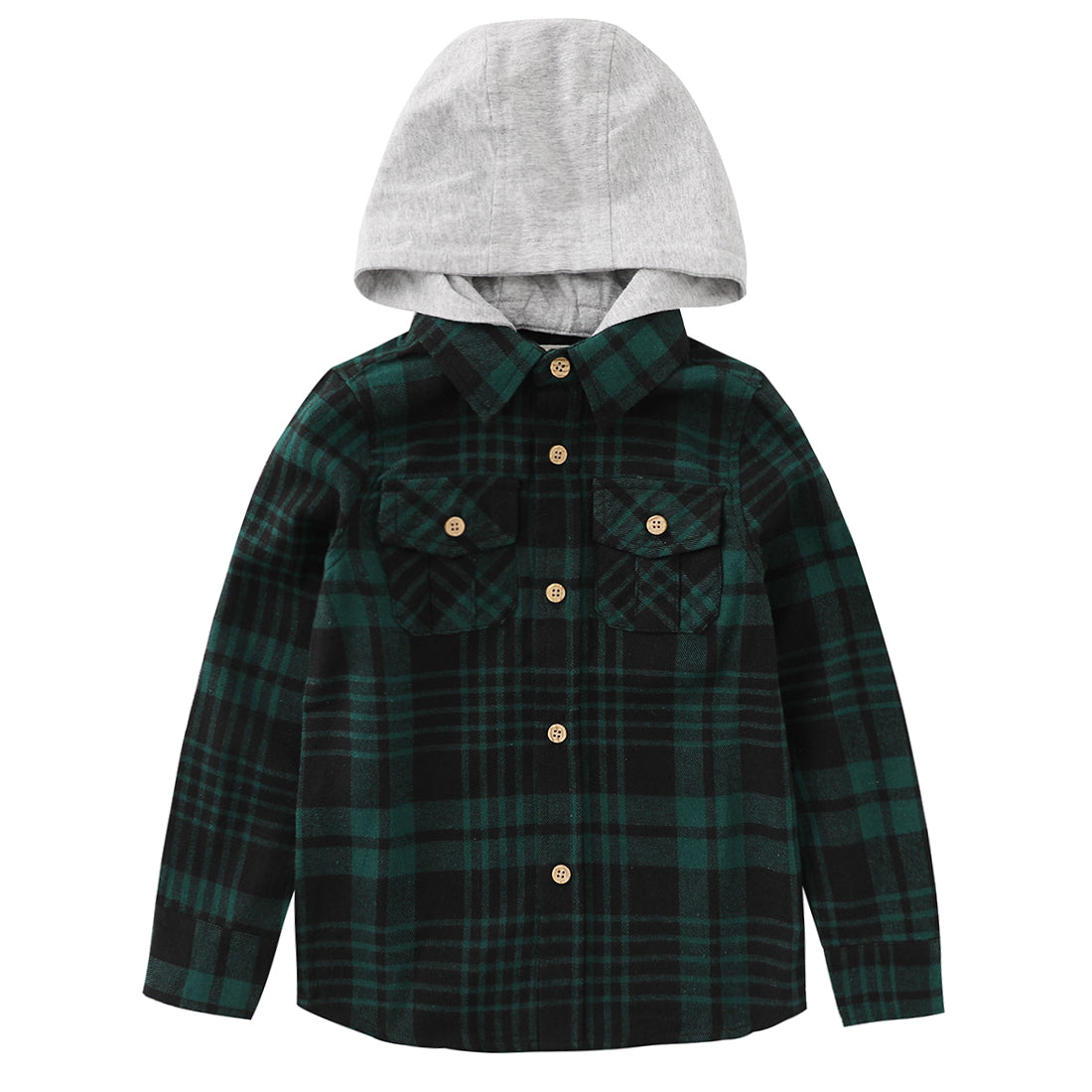 momoland boy long sleeve green/black flannel plaid shirt with hooded front