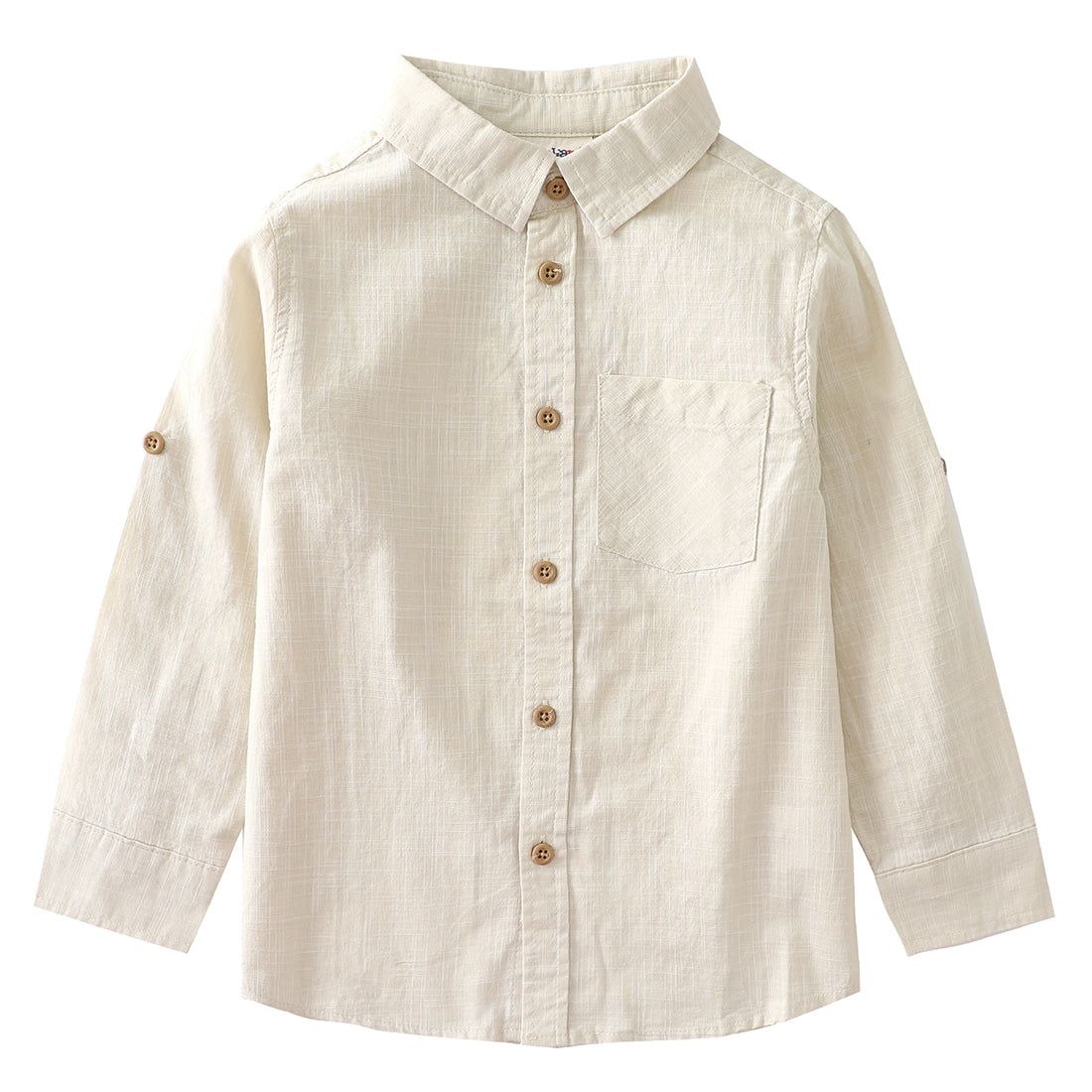 Momoland boy long sleeve fake linen off light khaki shirt front-1