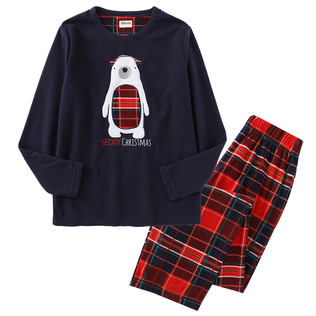 Women Long Sleeve Polar Fleece Christmas Navy/Checked Pajamas Set front