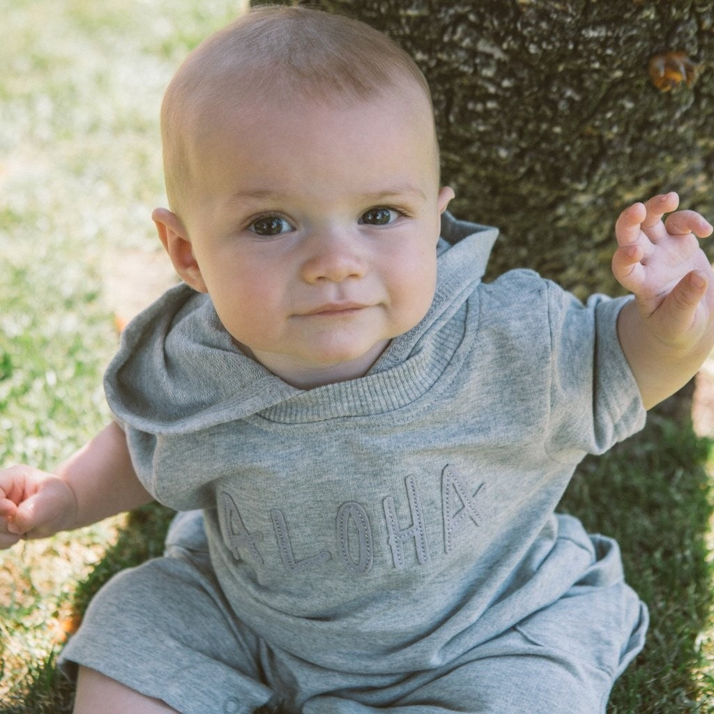 Momoland baby short sleeve knitted grey terry romper with hooded mordel
