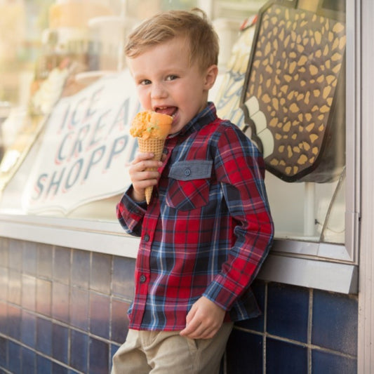 toddler boy long sleeve navy/red plaid shirt model