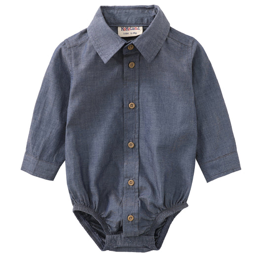 Momoland baby boy long sleeve bule chambray woven bodysuit front