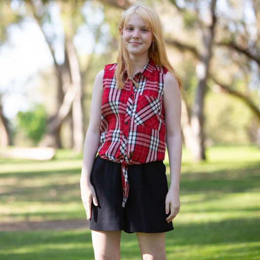 Girls Woven Viscose White/Red Plaid Sleeveless Shirt