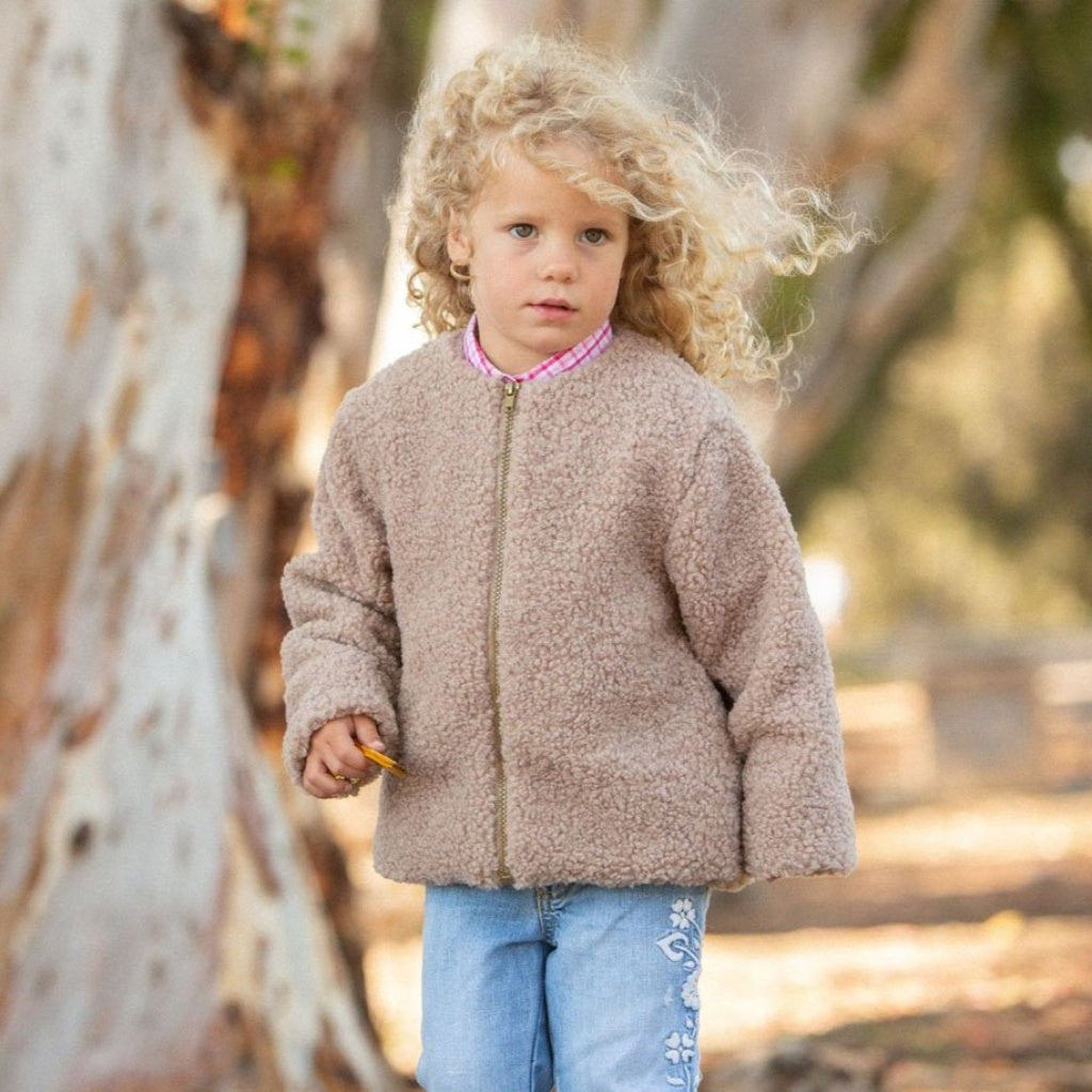 girl long sleeve brown coral fleece lightweight jacket model