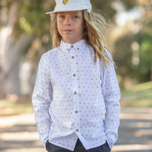 boy long sleeve white with navy print shirt model