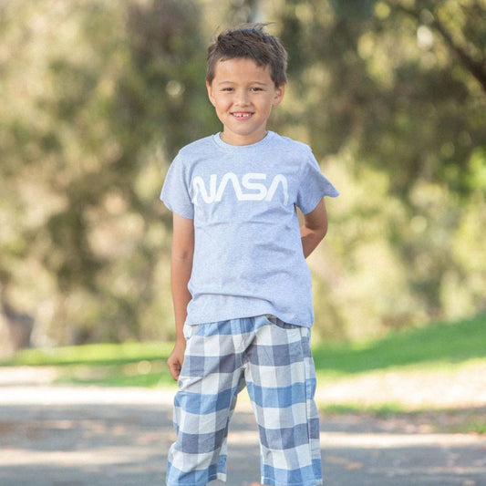 boy woven light blue/navy plaid short model