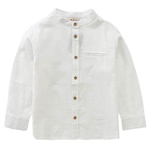 Momoland boy mandarin collar long sleeve off white fake linen woven shirt front