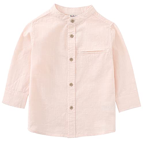 Momoland boy mandarin collar long sleeve pink fake linen woven shirt front
