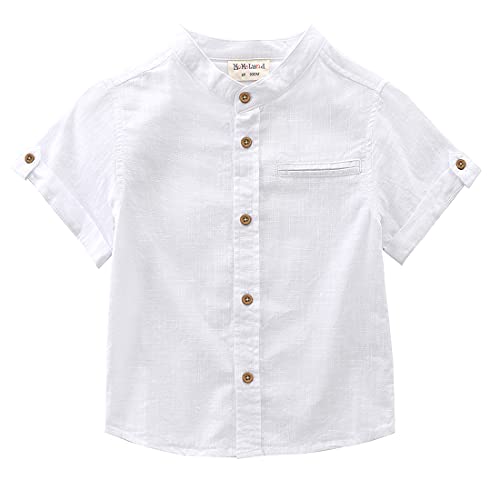 Boy Mandarin collar Short Sleeve white fake linen shirt front