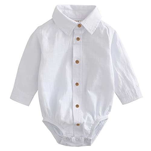 Baby Long Sleeves Woven White Linen Design Bodysuit With Bow