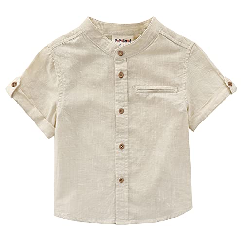 Boy Mandarin collar Short Sleeve khaki fake linen shirt front