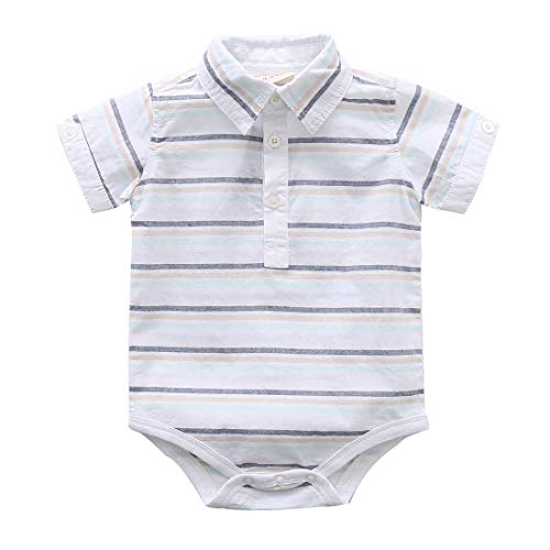 Momoland baby boy short sleeve navy/white striped woven bodysuit front