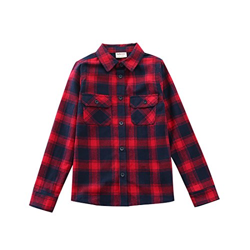 Momoland boy long sleeve navy/red plaid flannel shirt front/