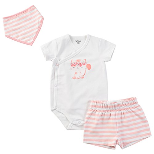 Momoland baby girl knitted print bodysuit with short and bib pink 3 pieces set front