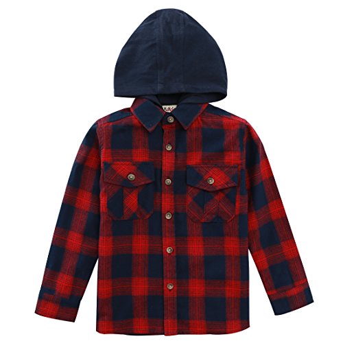 Momoland boy long sleeve navy/red plaid flannel shirt with hooded front