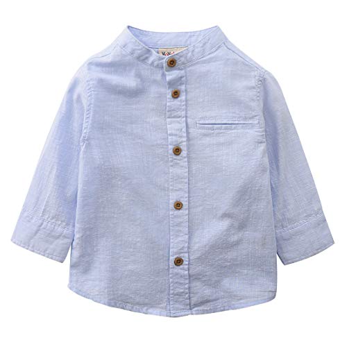 Momoland boy mandarin collar long sleeve light blue fake linen woven shirt front