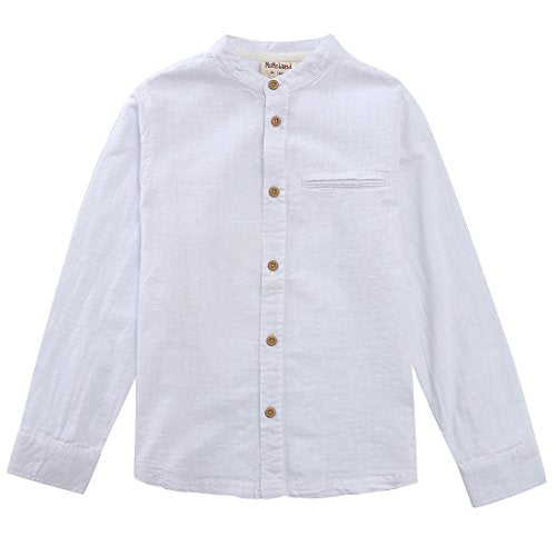 Momoland boy mandarin collar long sleeve white fake linen woven shirt front
