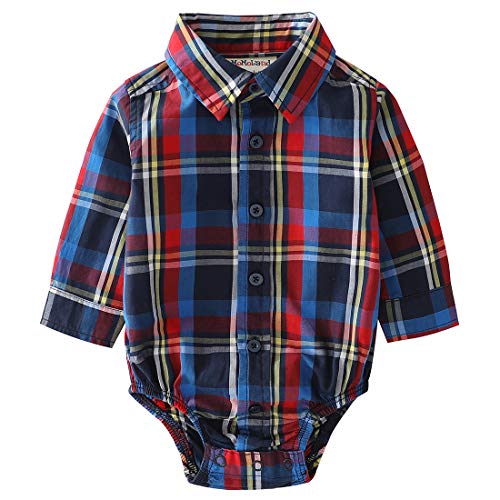 Momoland baby boy long sleeve navy/red plaid woven bodysuit front