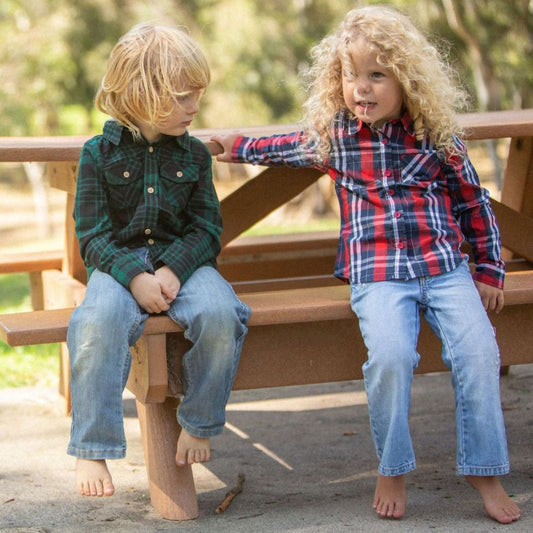 toddler girl long sleeve navy/red plaid shirt model