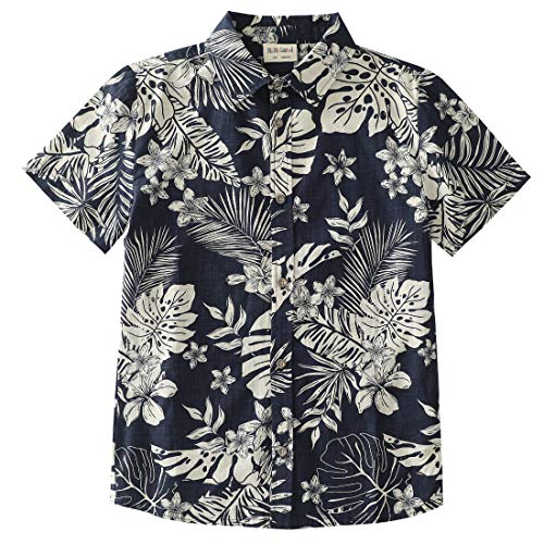 boy short sleeve navy print fake linen shirt front