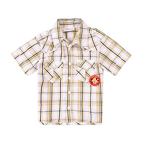 Momoland baby boy short sleeve yellow/white plaid woven shirt front