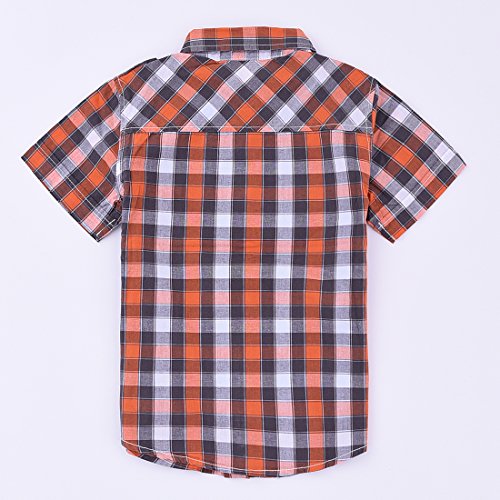 Boy Short Sleeve orange/black Plaid Shirt with Fake Tee back
