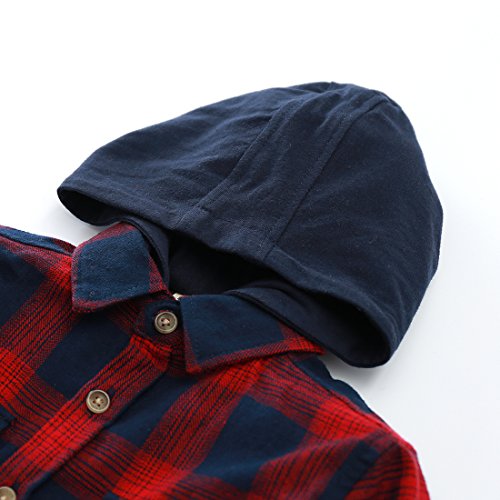 Momoland boy long sleeve navy/red plaid flannel shirt with hooded 