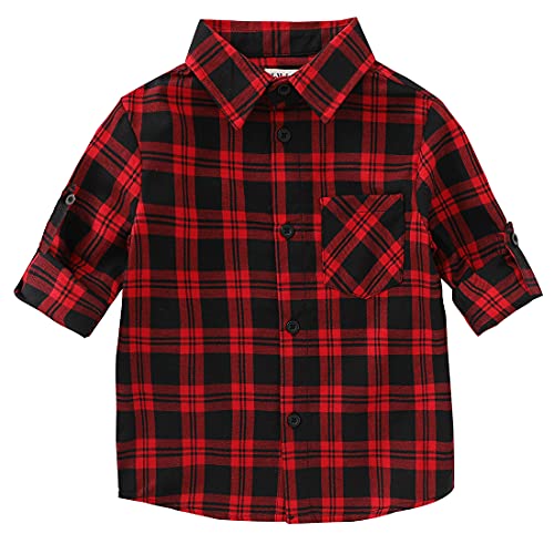 boy short sleeve red/black plaid poplin shirt front